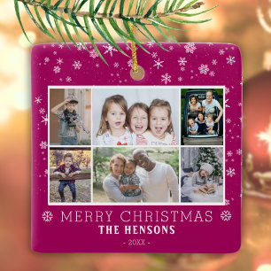 Adorno De Cerámica Collage de fotos de Navidad familiar morado 6