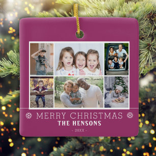 Adorno De Cerámica Collage de fotos de Navidad familiar morado 6