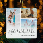 Adorno De Cerámica Collage de fotos Mele Kalikimaka<br><div class="desc">Elegante adorno de navidad hawaiana con un collage de fotos de 3 de tu maravillosa familia,  el dicho "mele kalikimaka",  dos dibujos de estrellas del océano,  tu nombre familiar y el año.</div>