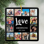 Adorno De Cerámica Collage de fotos personalizado familiar personaliz<br><div class="desc">Crea tu propio collage de fotos personalizado de 12 Navidades, adorno de vacaciones con tus imágenes personalizados en un sencillo fondo negro moderno. La cara de adorno de vacaciones de los Navidades también incluye el nombre de su familia, el año establecido y un guión escrito a mano de "Amor". Añade...</div>