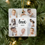 Adorno De Cerámica Collage de fotos simple y Moda | Amor con corazón<br><div class="desc">Este adorno navideño en blanco y negro de moda presenta una cuadrícula de fotos con ocho de tus fotos personales, y una tipografía moderna de escritura moderna de moda que dice "amor". También hay un pequeño y elegante corazón con un falso aspecto de oro rosa. Un regalo sencillo, minimalista y...</div>