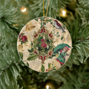Adorno De Cerámica Collage de rosa de Navidad Victoriana vintage