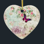Adorno De Cerámica Collage de Shabby de mariposa rosa<br><div class="desc">Un adorno con una elegante mariposa magenta rosa con acentos morados. El fondo es un collage vintage de mal gusto con rosas rosas rosas y otros elementos decorativos. Un ambiente encantador y caprichoso.</div>
