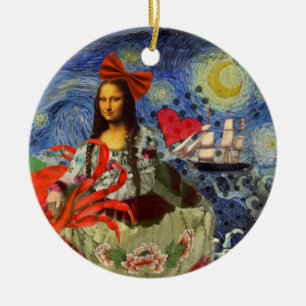 Adorno De Cerámica Collage Noche Estrellada de Mona Lisa: Surrealista