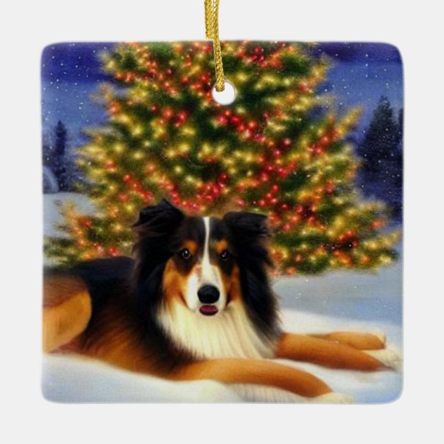 Adorno De Cerámica Collie bajo el árbol de Navidad (Anverso)