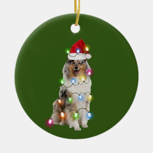 Adorno De Cerámica Collie Con Navidades De Luces Gorras (Frente)