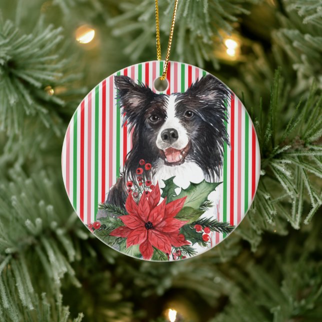 Adorno De Cerámica Collie de borde acuarela con poinsettia (Árbol)