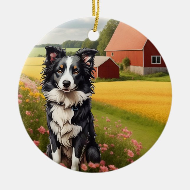 Adorno De Cerámica Collie de borde en la granja (Frente)