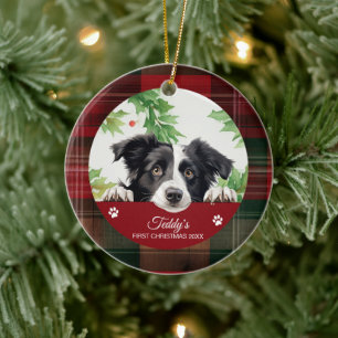 Adorno De Cerámica Collie de borde Personalizado Primera Navidad