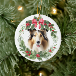Adorno De Cerámica Collie Dog Red Bow Holly Wreath