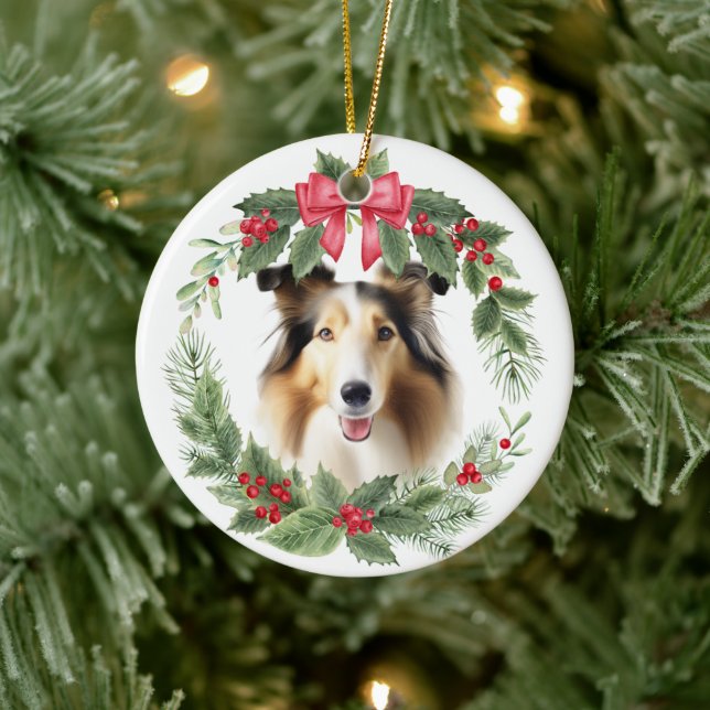 Adorno De Cerámica Collie Dog Red Bow Holly Wreath (Árbol)