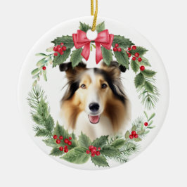 Adorno De Cerámica Collie Dog Red Bow Holly Wreath