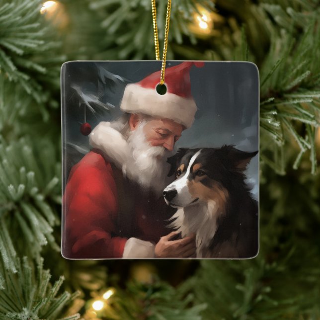 Adorno De Cerámica Collie fronterizo con Navidades festivos de Santa  (Árbol)