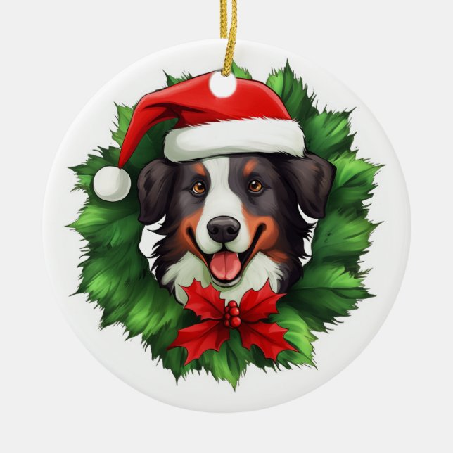 Adorno De Cerámica Collie Navidad Wreath (Frente)