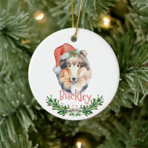 Adorno De Cerámica Collie Navidades acuarela personalizada