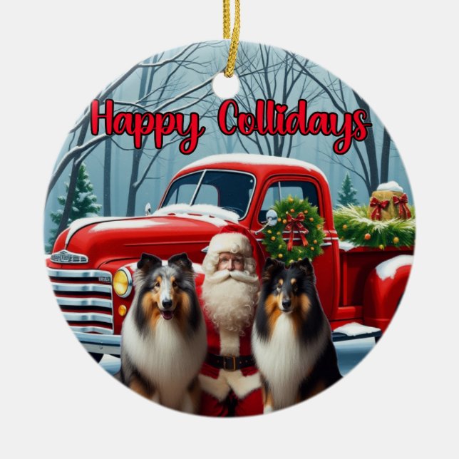 Adorno De Cerámica Collies, Santa, Red Truck Ornament (Frente)
