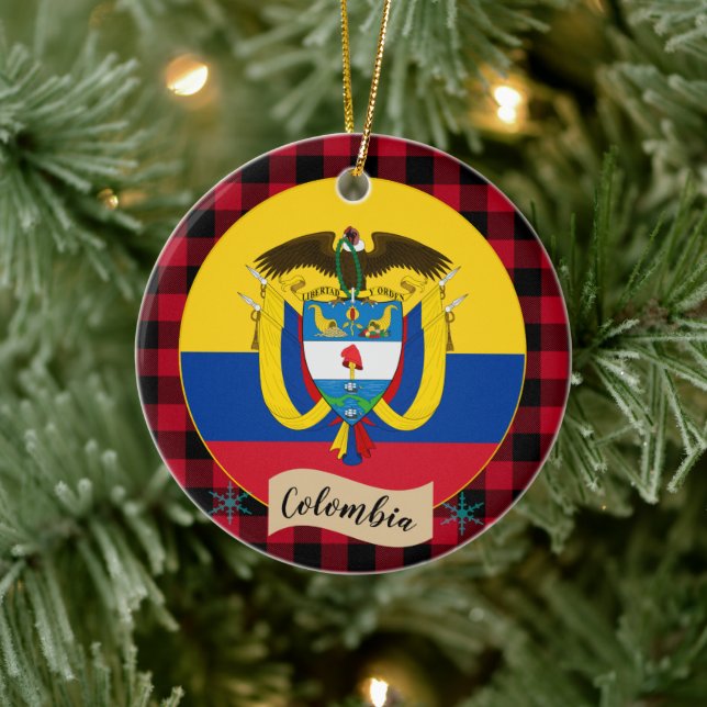 Adorno De Cerámica Colombia, manta roja de búfalo y bandera colombian (Árbol)