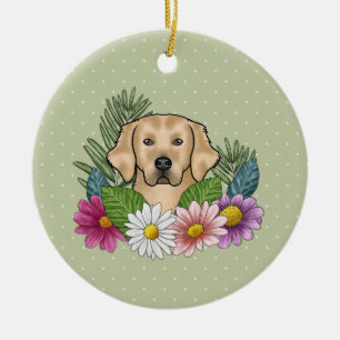 Adorno De Cerámica Color Amarillo Retriever Golden Flores Y Nombre