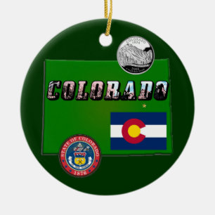 Adorno De Cerámica Colorado Picture Text, Flag, Seal, Quarter, Map