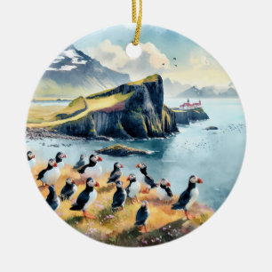 Adorno De Cerámica Colores de agua de Vik Islandia Puffins