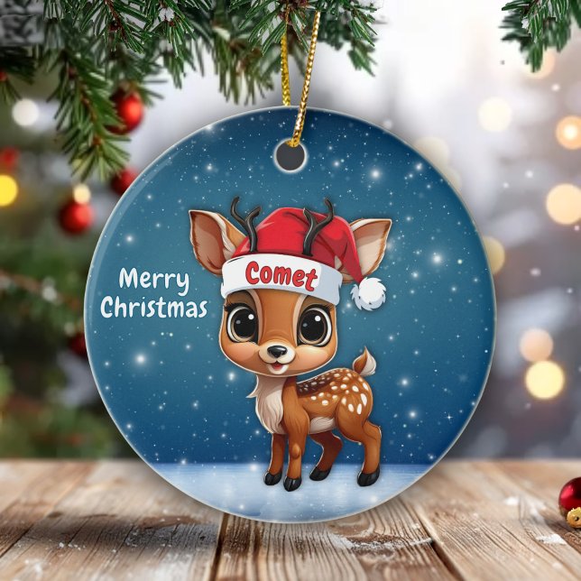 Adorno De Cerámica Comet Whimsical Reindeer Baby Woodland Animal 🦌🎄 (Comet Whimsical Reindeer Baby Woodland Animal Cute Fawn Personalizable Blue Ceramic Ornament  🦌🎄)