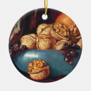 Adorno De Cerámica Comida vintage, nueces y fruta en un bol azul