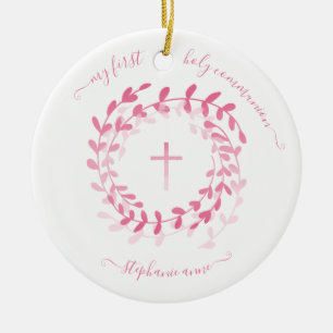 Adorno De Cerámica Communion Pink Wreath and Cross