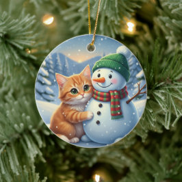 Adorno De Cerámica Compañeros de Navidad de Gato y Muñeco de Nieve Am