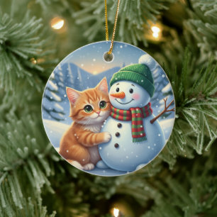 Adorno De Cerámica Compañeros de Navidad de Gato y Muñeco de Nieve Am