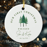 Adorno De Cerámica Compromiso Moderno Primero Pinos de Navidad<br><div class="desc">¡Celebra tu primera Navidad comprometida con este hermoso adorno! Con un diseño moderno de pino acuático,  este adorno cerámico le da un toque acogedor a su árbol. Personaliza con texto personalizado para hacerlo único tuyo!</div>