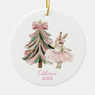 Adorno De Cerámica Conejo Bailarín de Navidad con Lazo Rosa