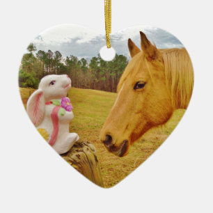 Adorno De Cerámica Conejo blanco y caballo amarillo