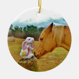 Adorno De Cerámica Conejo blanco y caballo amarillo