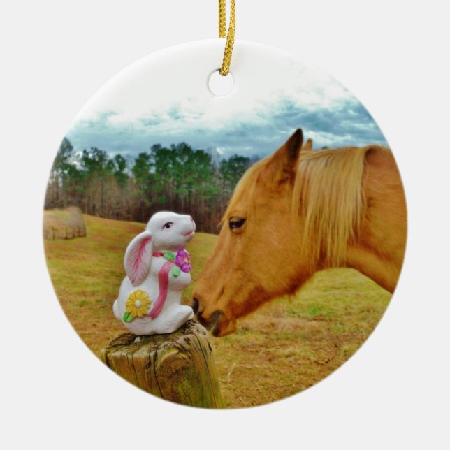 Adorno De Cerámica Conejo blanco y caballo amarillo (Frente)