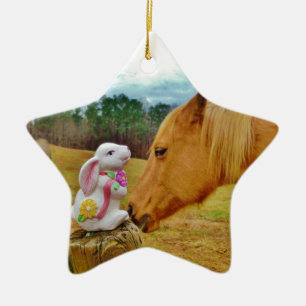 Adorno De Cerámica Conejo blanco y caballo amarillo