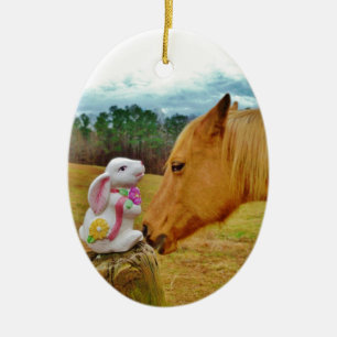 Adorno De Cerámica Conejo blanco y caballo amarillo