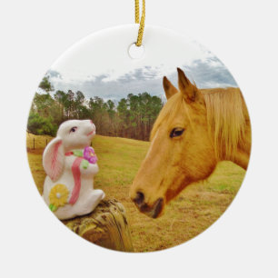Adorno De Cerámica Conejo blanco y caballo amarillo
