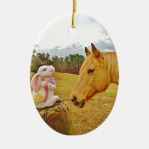 Adorno De Cerámica Conejo blanco y caballo amarillo