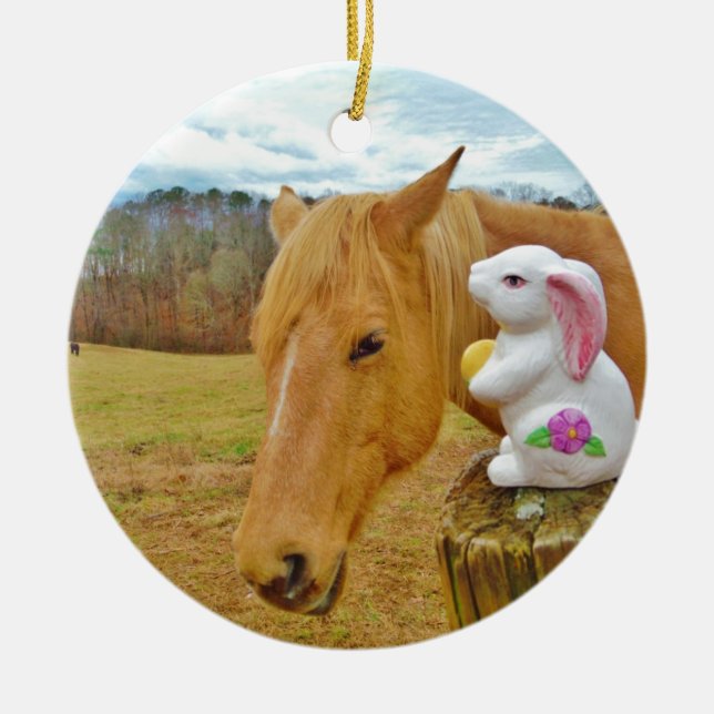 Adorno De Cerámica Conejo blanco y caballo amarillo rubio (Frente)