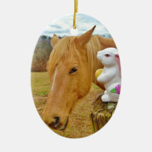 Adorno De Cerámica Conejo blanco y caballo amarillo rubio
