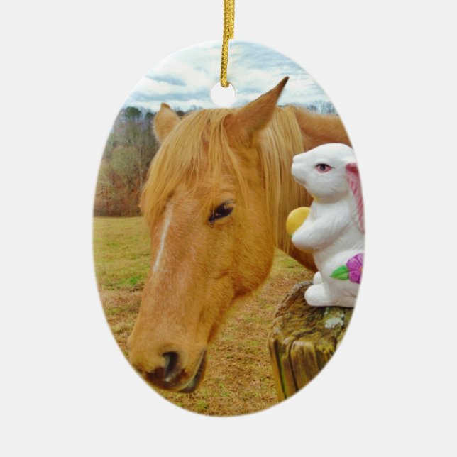 Adorno De Cerámica Conejo blanco y caballo amarillo rubio (Frente)