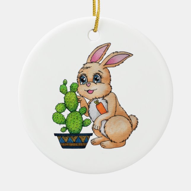 Adorno De Cerámica Conejo De Acuarela Y Cactus Cute (Frente)