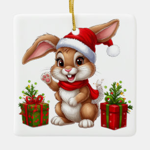 Adorno De Cerámica Conejo de Navidad Adorable con Sombrero de Santa
