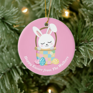 Adorno De Cerámica Conejo de Pascua Feliz Rosa Personalizado