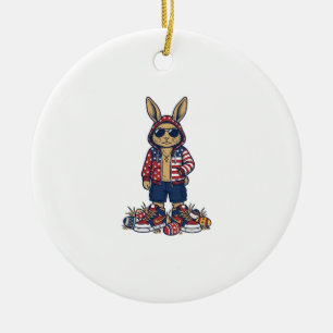 Adorno De Cerámica Conejo de Pascua Patriótico Camiseta Vintage Vecto