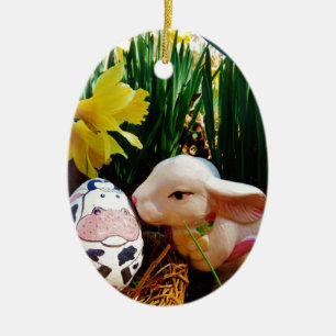 Adorno De Cerámica Conejo de Pascua y huevo de vaca