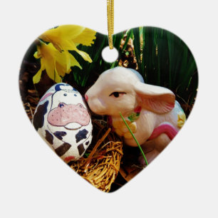Adorno De Cerámica Conejo de Pascua y huevo de vaca