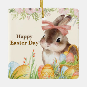 Adorno De Cerámica Conejo floral de Pascua feliz día de acuarela con