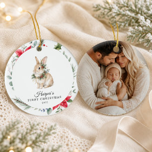Adorno De Cerámica Conejo personalizado de la primera Navidad del beb