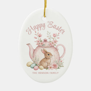 Adorno De Cerámica Conejo personalizado y tetera floral rosa Feliz Pa